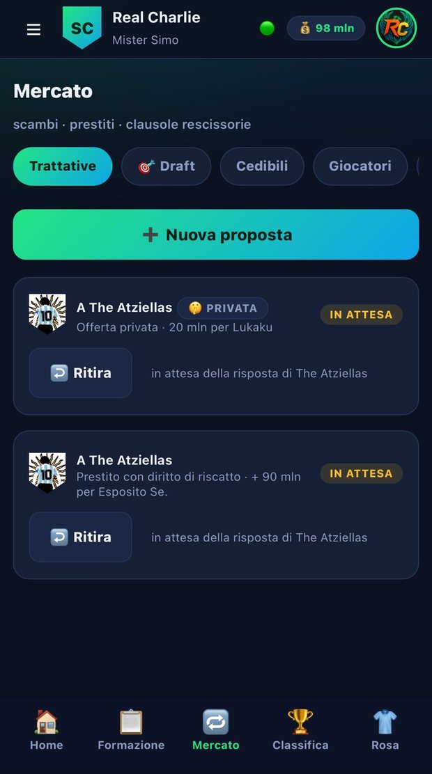Schermata Mercato con trattative e clausole